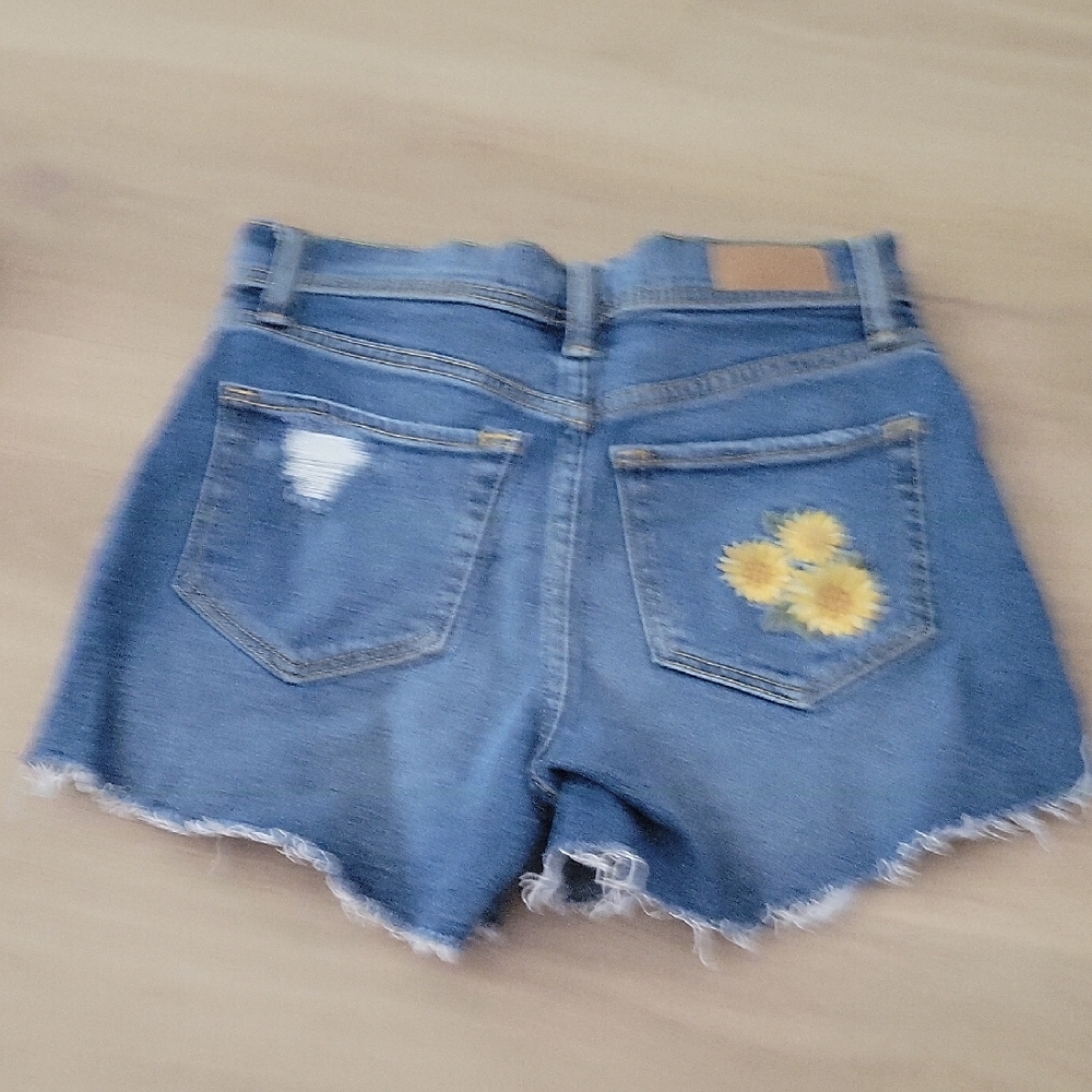 Hollister Blue Denim Cutoff Shorts with Yellow Sunflower Embroidery Size 1